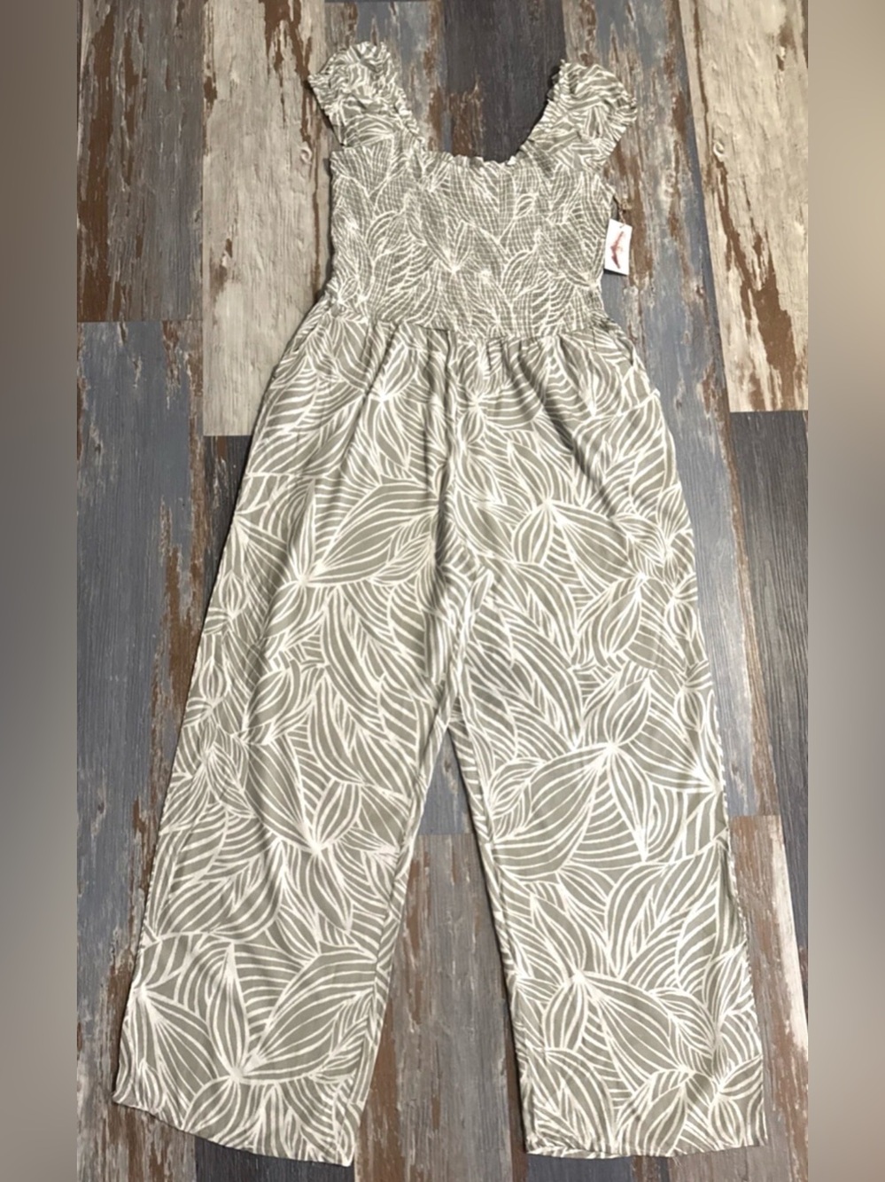 Jessica Simpson Smocked Jumpsuit Womens XL Tropical Wide Leg Pockets Loose NEW
